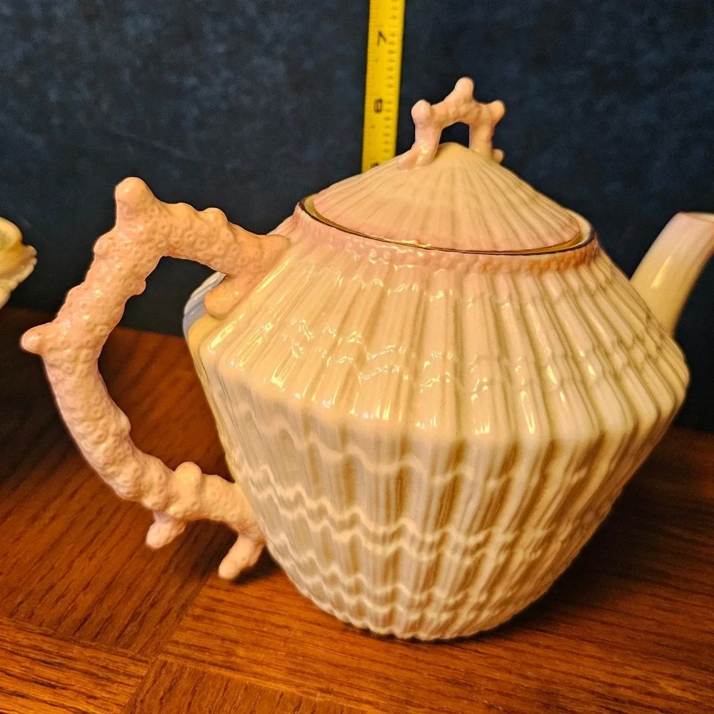 Belleek Ireland Neptune Teapot Pink Coral Handle Parian China Green Mark 0857